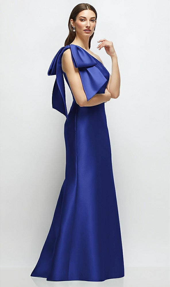 Front View - Cobalt Blue Bow One-Shoulder Satin Maxi Dress with Trumpet Skirt