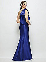 Rear View Thumbnail - Cobalt Blue Bow One-Shoulder Satin Maxi Dress with Trumpet Skirt