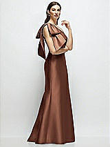 Front View Thumbnail - Cognac Bow One-Shoulder Satin Maxi Dress with Trumpet Skirt