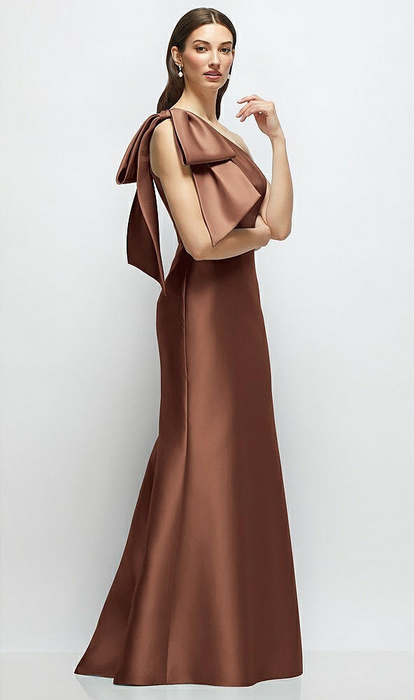 Front View - Cognac Bow One-Shoulder Satin Maxi Dress with Trumpet Skirt