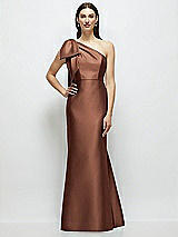 Side View Thumbnail - Cognac Bow One-Shoulder Satin Maxi Dress with Trumpet Skirt