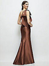 Rear View Thumbnail - Cognac Bow One-Shoulder Satin Maxi Dress with Trumpet Skirt