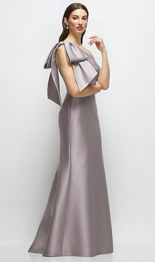 Front View - Cashmere Gray Bow One-Shoulder Satin Maxi Dress with Trumpet Skirt