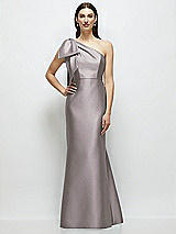 Side View Thumbnail - Cashmere Gray Bow One-Shoulder Satin Maxi Dress with Trumpet Skirt