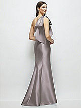 Rear View Thumbnail - Cashmere Gray Bow One-Shoulder Satin Maxi Dress with Trumpet Skirt