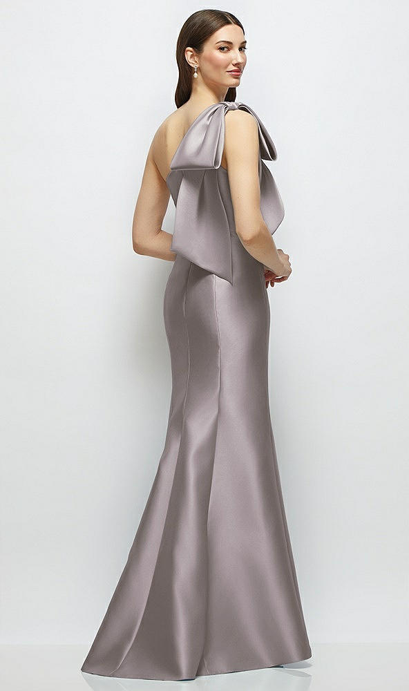 Back View - Cashmere Gray Bow One-Shoulder Satin Maxi Dress with Trumpet Skirt