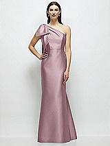 Side View Thumbnail - Dusty Rose Bow One-Shoulder Satin Maxi Dress with Trumpet Skirt