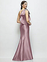 Rear View Thumbnail - Dusty Rose Bow One-Shoulder Satin Maxi Dress with Trumpet Skirt