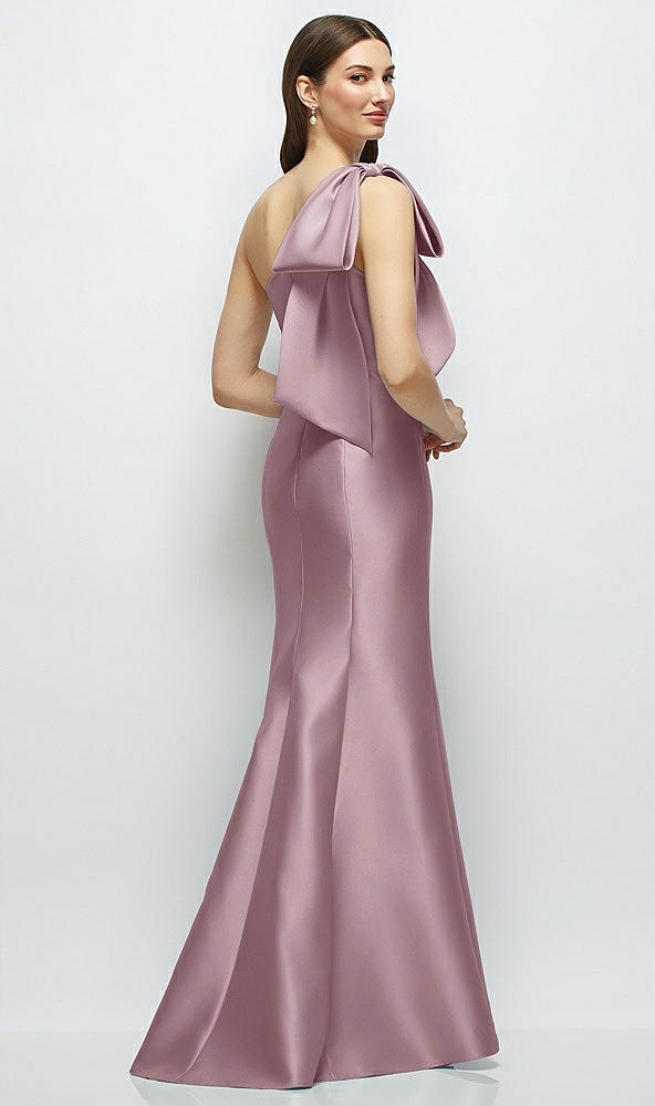 Back View - Dusty Rose Bow One-Shoulder Satin Maxi Dress with Trumpet Skirt