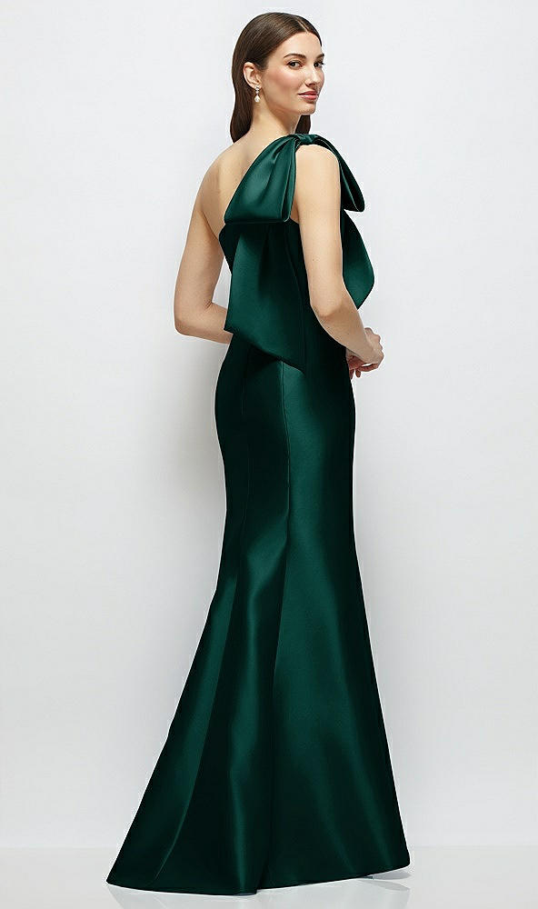 Back View - Evergreen Bow One-Shoulder Satin Maxi Dress with Trumpet Skirt