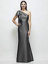 Side View Thumbnail - Gunmetal Bow One-Shoulder Satin Maxi Dress with Trumpet Skirt