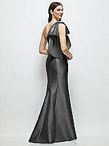 Rear View Thumbnail - Gunmetal Bow One-Shoulder Satin Maxi Dress with Trumpet Skirt