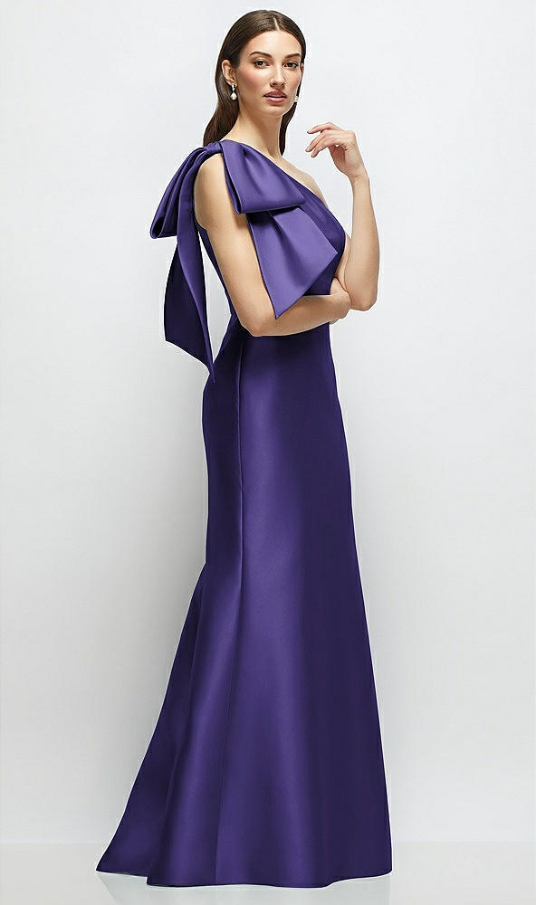 Front View - Grape Bow One-Shoulder Satin Maxi Dress with Trumpet Skirt