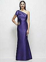 Side View Thumbnail - Grape Bow One-Shoulder Satin Maxi Dress with Trumpet Skirt