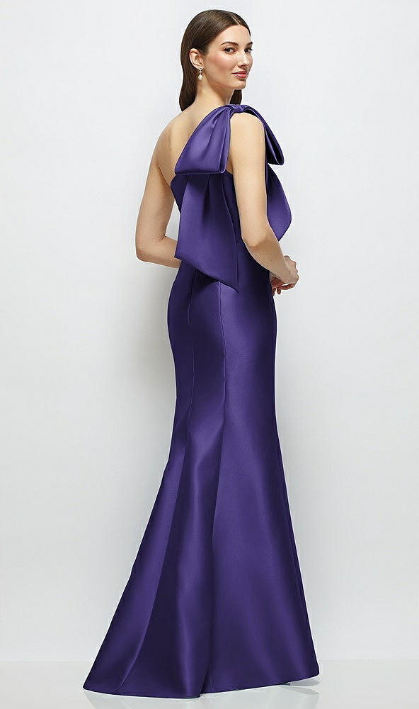 Back View - Grape Bow One-Shoulder Satin Maxi Dress with Trumpet Skirt