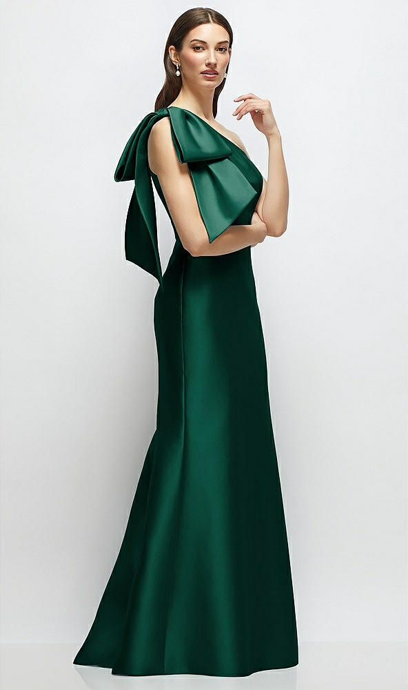 Front View - Hunter Green Bow One-Shoulder Satin Maxi Dress with Trumpet Skirt