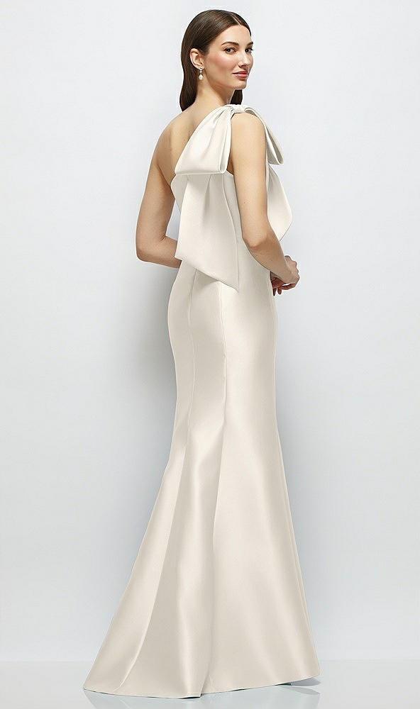 Back View - Ivory Bow One-Shoulder Satin Maxi Dress with Trumpet Skirt