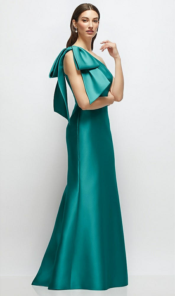 Front View - Jade Bow One-Shoulder Satin Maxi Dress with Trumpet Skirt