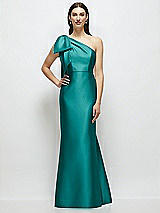 Side View Thumbnail - Jade Bow One-Shoulder Satin Maxi Dress with Trumpet Skirt