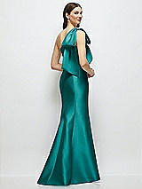 Rear View Thumbnail - Jade Bow One-Shoulder Satin Maxi Dress with Trumpet Skirt