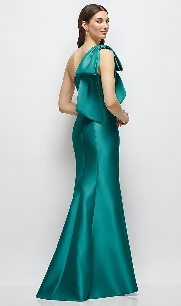 Back View - Jade Bow One-Shoulder Satin Maxi Dress with Trumpet Skirt