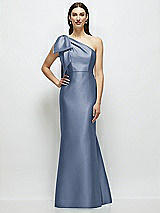 Side View Thumbnail - Larkspur Blue Bow One-Shoulder Satin Maxi Dress with Trumpet Skirt