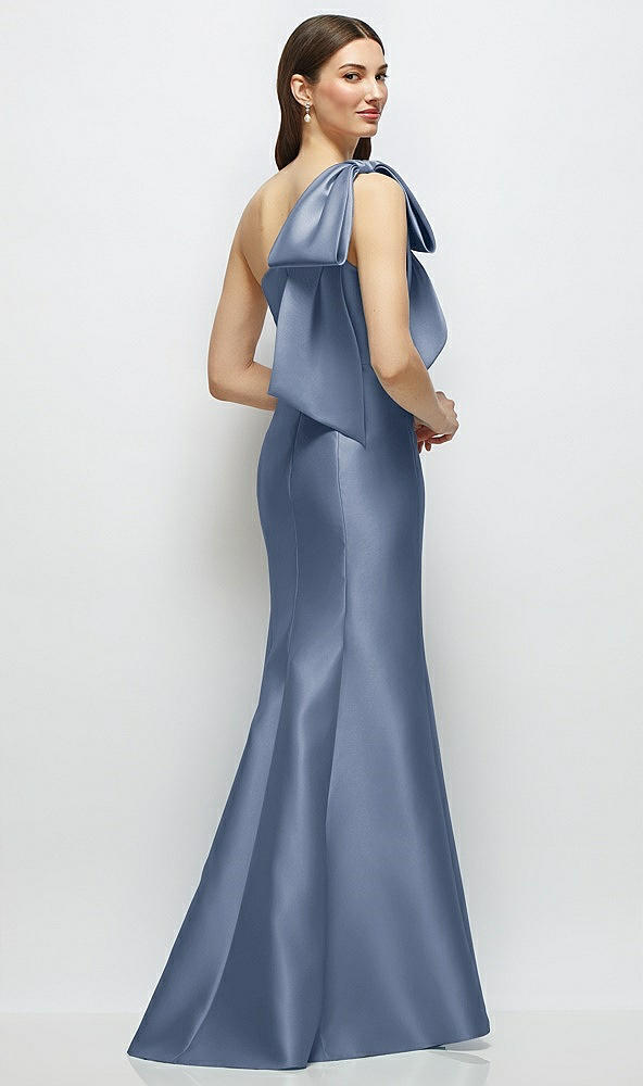 Back View - Larkspur Blue Bow One-Shoulder Satin Maxi Dress with Trumpet Skirt