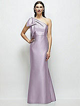 Side View Thumbnail - Lilac Haze Bow One-Shoulder Satin Maxi Dress with Trumpet Skirt