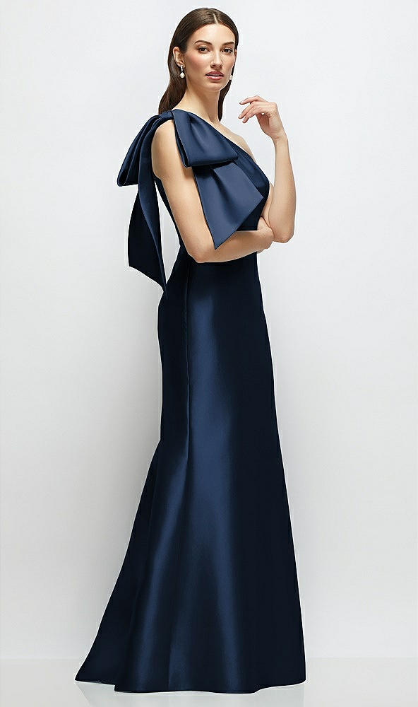 Front View - Midnight Navy Bow One-Shoulder Satin Maxi Dress with Trumpet Skirt