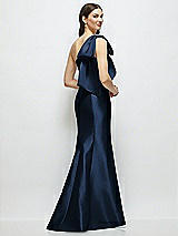 Rear View Thumbnail - Midnight Navy Bow One-Shoulder Satin Maxi Dress with Trumpet Skirt