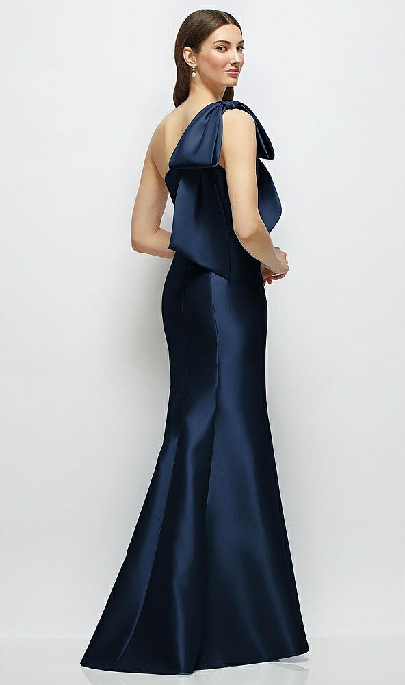 Back View - Midnight Navy Bow One-Shoulder Satin Maxi Dress with Trumpet Skirt