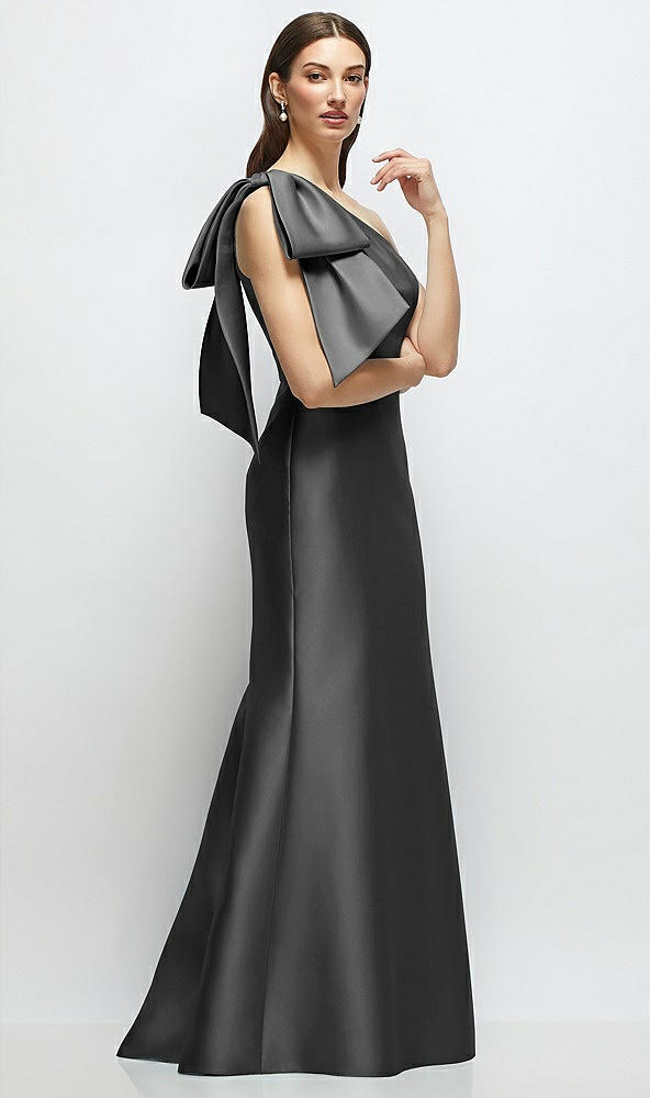 Front View - Pewter Bow One-Shoulder Satin Maxi Dress with Trumpet Skirt