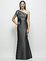 Side View Thumbnail - Pewter Bow One-Shoulder Satin Maxi Dress with Trumpet Skirt