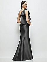 Rear View Thumbnail - Pewter Bow One-Shoulder Satin Maxi Dress with Trumpet Skirt