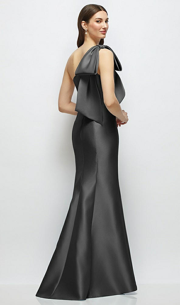 Back View - Pewter Bow One-Shoulder Satin Maxi Dress with Trumpet Skirt