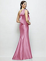 Rear View Thumbnail - Powder Pink Bow One-Shoulder Satin Maxi Dress with Trumpet Skirt