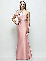 Side View Thumbnail - Rose Bow One-Shoulder Satin Maxi Dress with Trumpet Skirt