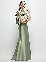 Front View Thumbnail - Sage Bow One-Shoulder Satin Maxi Dress with Trumpet Skirt