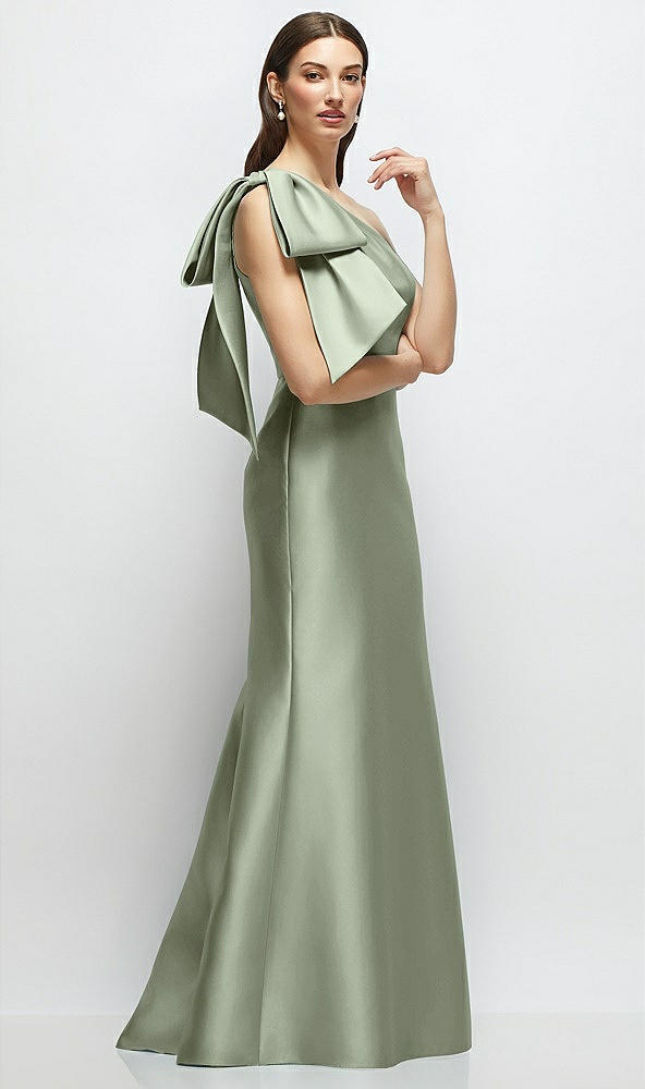 Front View - Sage Bow One-Shoulder Satin Maxi Dress with Trumpet Skirt