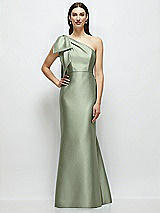 Side View Thumbnail - Sage Bow One-Shoulder Satin Maxi Dress with Trumpet Skirt