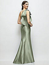 Rear View Thumbnail - Sage Bow One-Shoulder Satin Maxi Dress with Trumpet Skirt