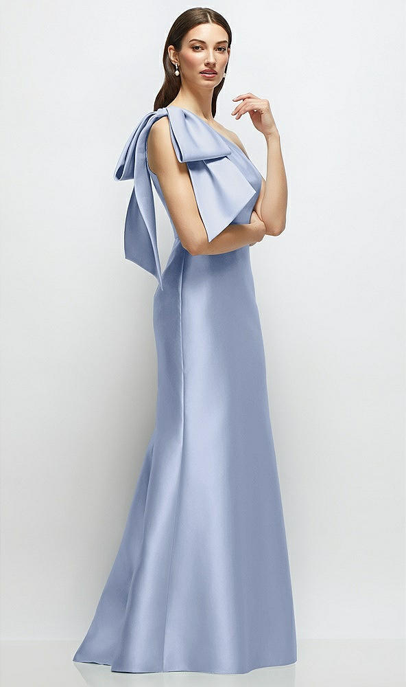 Front View - Sky Blue Bow One-Shoulder Satin Maxi Dress with Trumpet Skirt