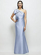 Side View Thumbnail - Sky Blue Bow One-Shoulder Satin Maxi Dress with Trumpet Skirt