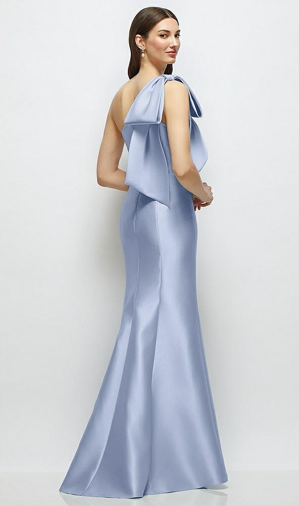 Back View - Sky Blue Bow One-Shoulder Satin Maxi Dress with Trumpet Skirt