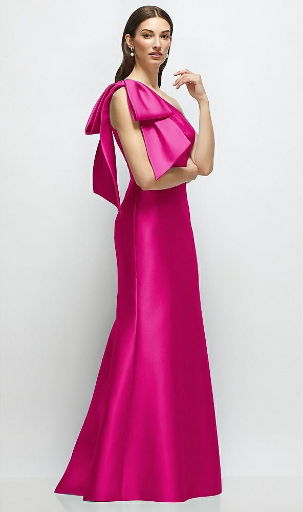 Front View - Think Pink Bow One-Shoulder Satin Maxi Dress with Trumpet Skirt