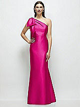 Side View Thumbnail - Think Pink Bow One-Shoulder Satin Maxi Dress with Trumpet Skirt