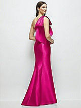 Rear View Thumbnail - Think Pink Bow One-Shoulder Satin Maxi Dress with Trumpet Skirt