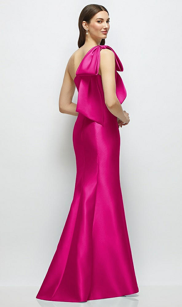 Back View - Think Pink Bow One-Shoulder Satin Maxi Dress with Trumpet Skirt