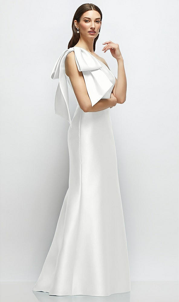 Front View - White Bow One-Shoulder Satin Maxi Dress with Trumpet Skirt