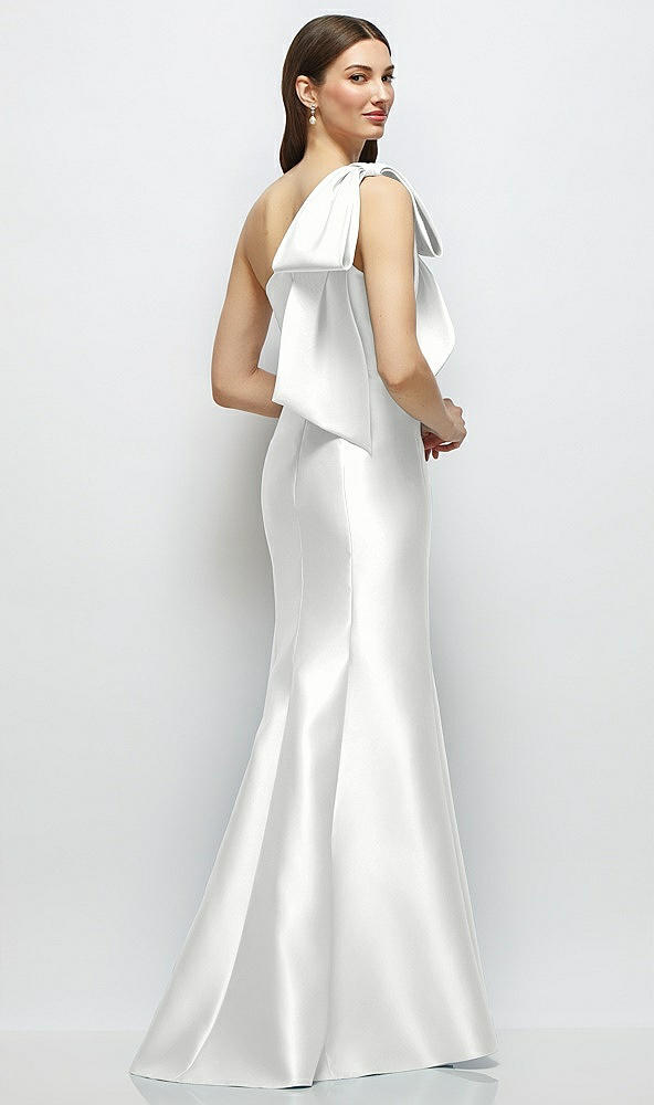 Back View - White Bow One-Shoulder Satin Maxi Dress with Trumpet Skirt